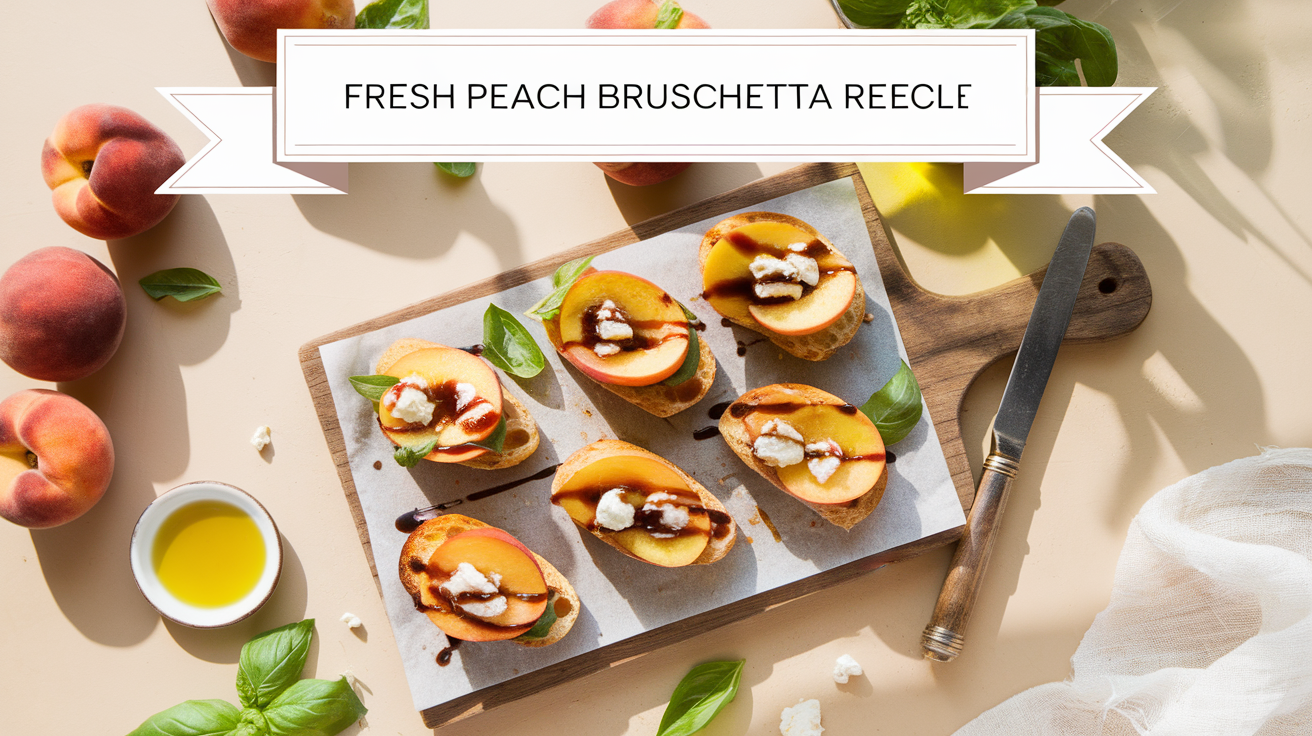 Toasted baguette slices topped with fresh peach slices, creamy ricotta, and a drizzle of honey, garnished with basil on a rustic wooden board.