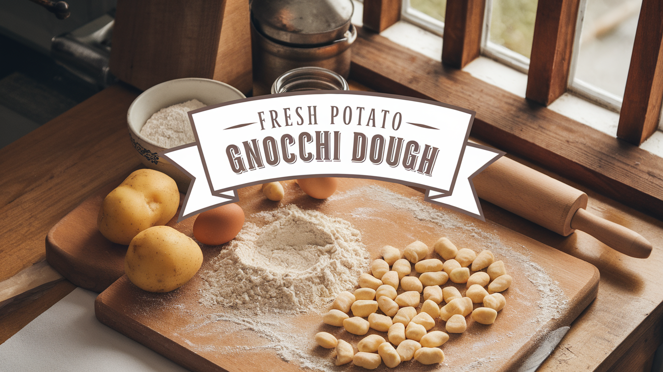 Smooth, pale-yellow potato gnocchi dough resting on a floured wooden surface, ready to be shaped.