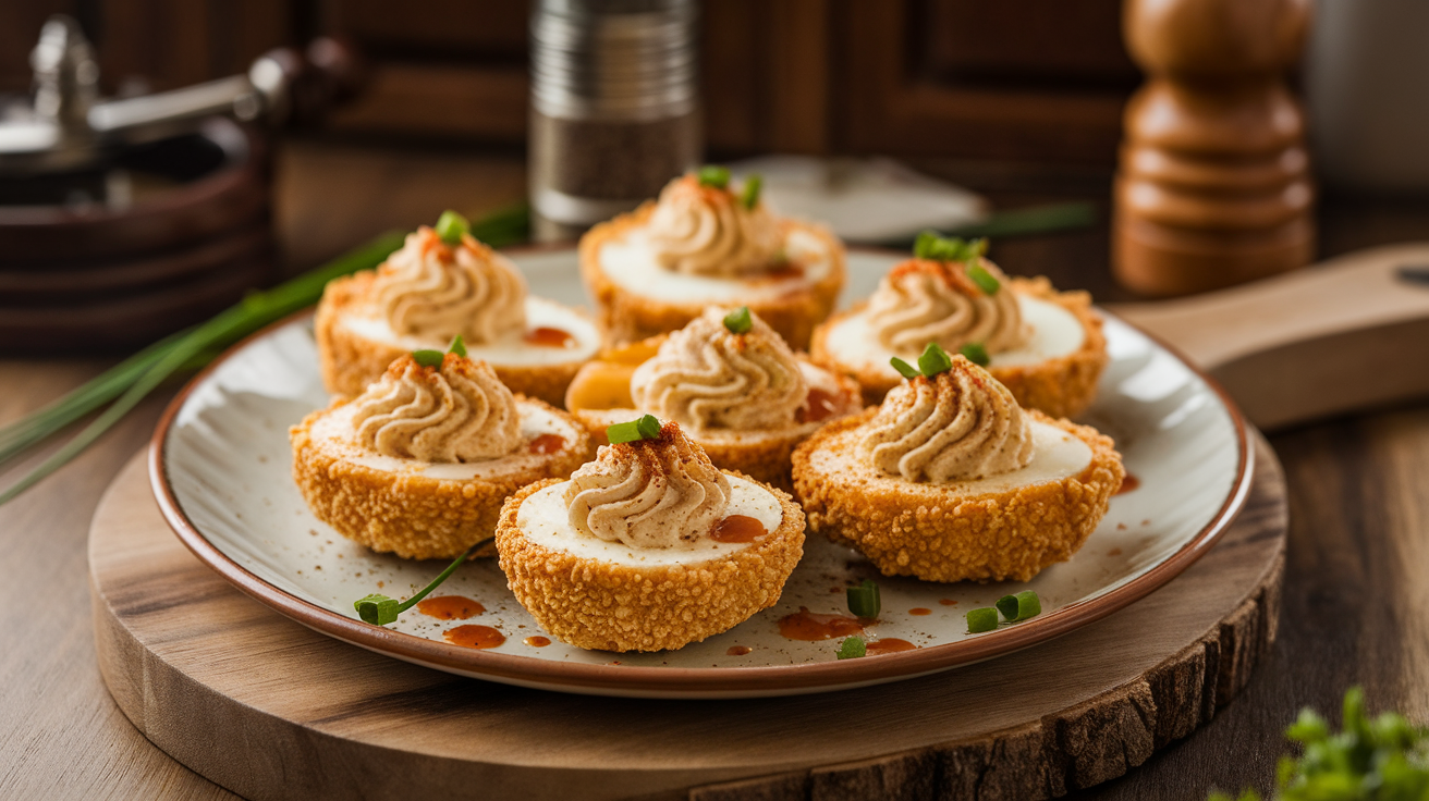 Close-up of golden crispy fried deviled eggs topped with paprika and fresh herbs on a white plate.