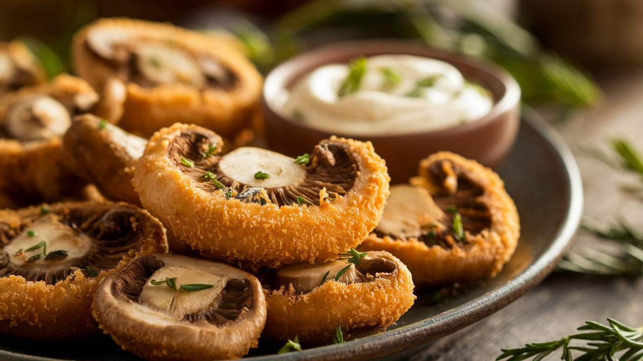 Golden fried sliced mushrooms served with creamy ranch dipping sauce.