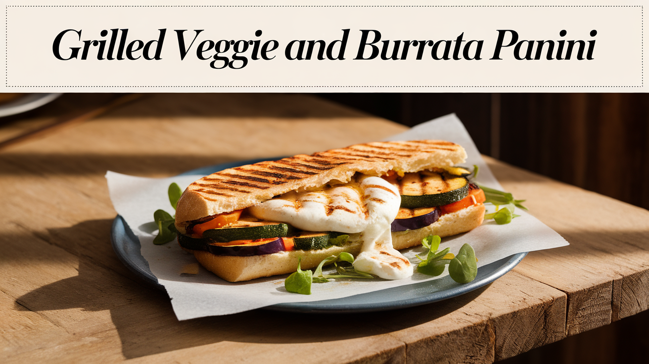 Grilled Veggie and Burrata Panini with colorful roasted vegetables and creamy burrata cheese.