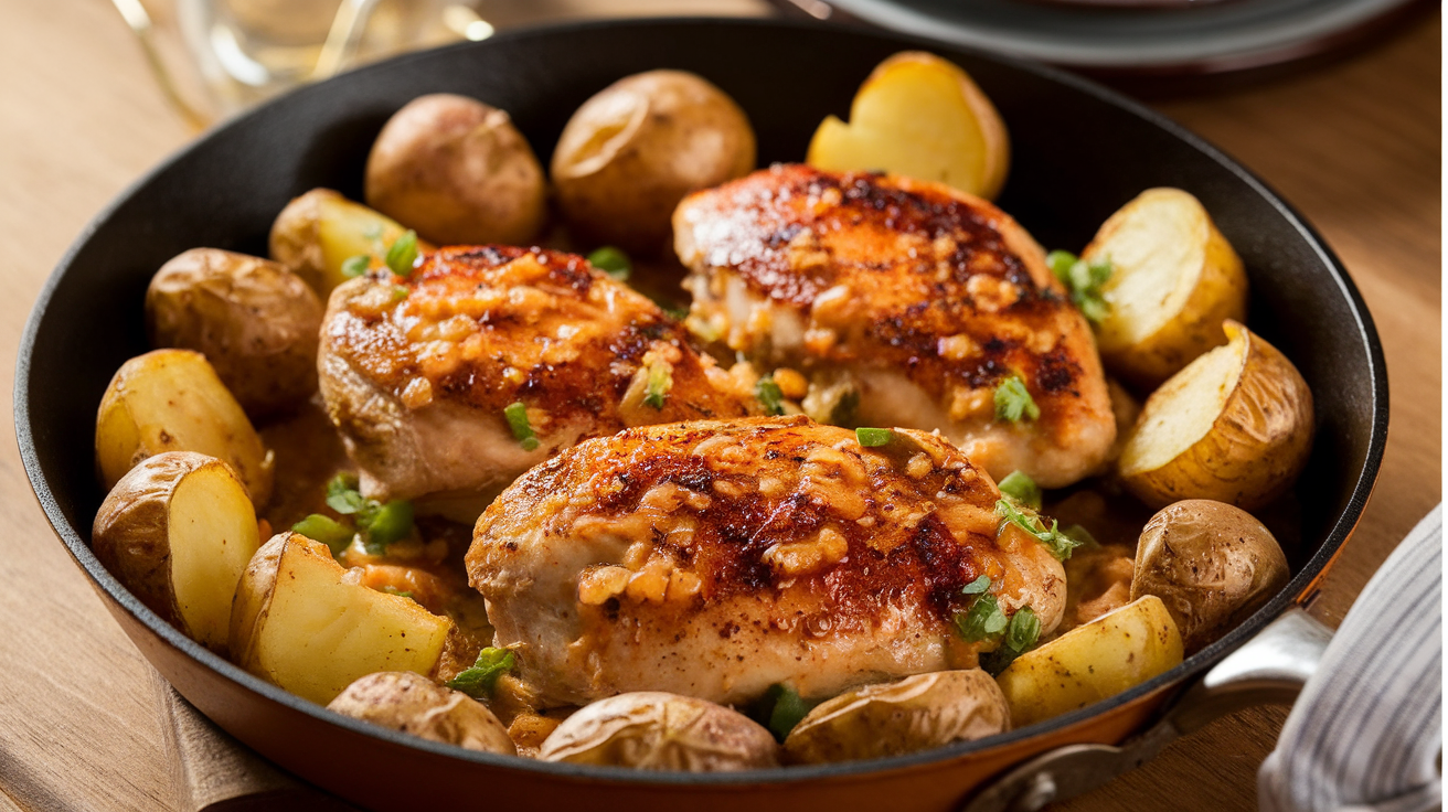 A delicious garlic butter chicken and potatoes skillet, showcasing golden, crispy chicken breasts cooked with tender potatoes, all bathed in a savory garlic butter sauce.