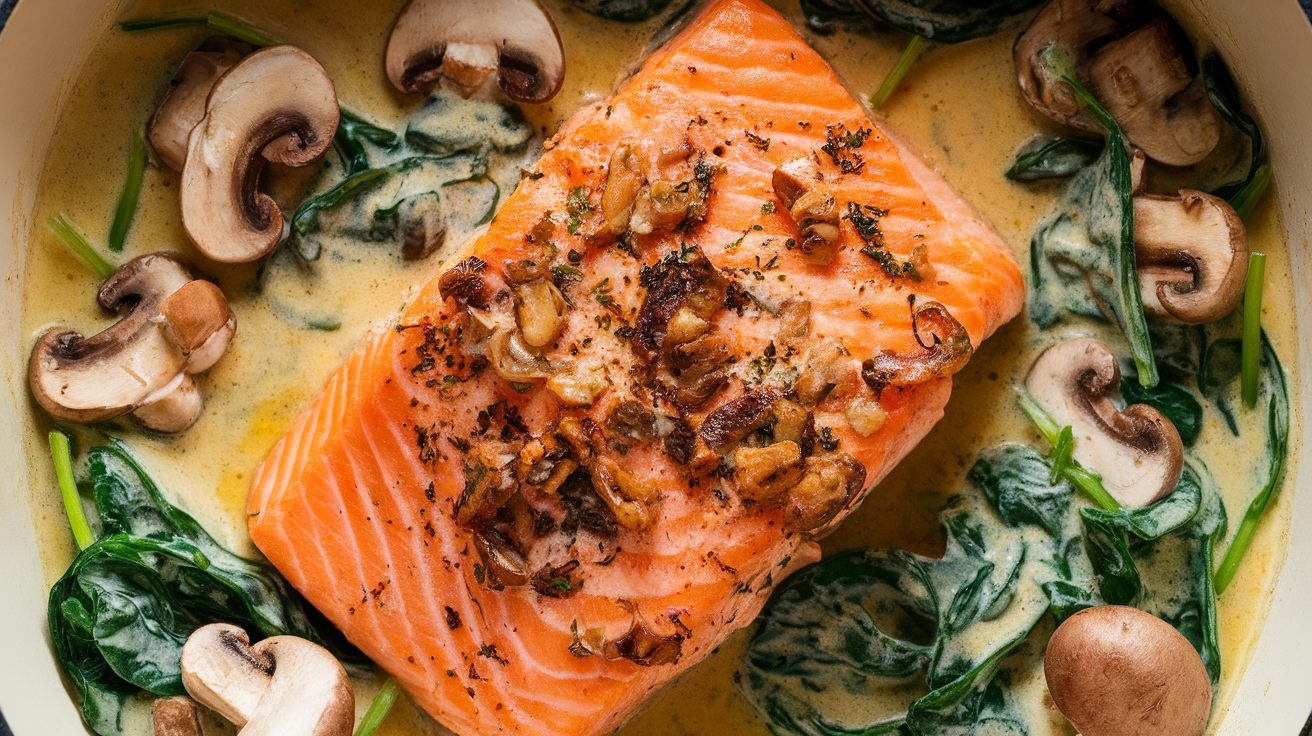 Garlic butter salmon fillet served with sautéed spinach and mushrooms in a creamy sauce on a white plate.