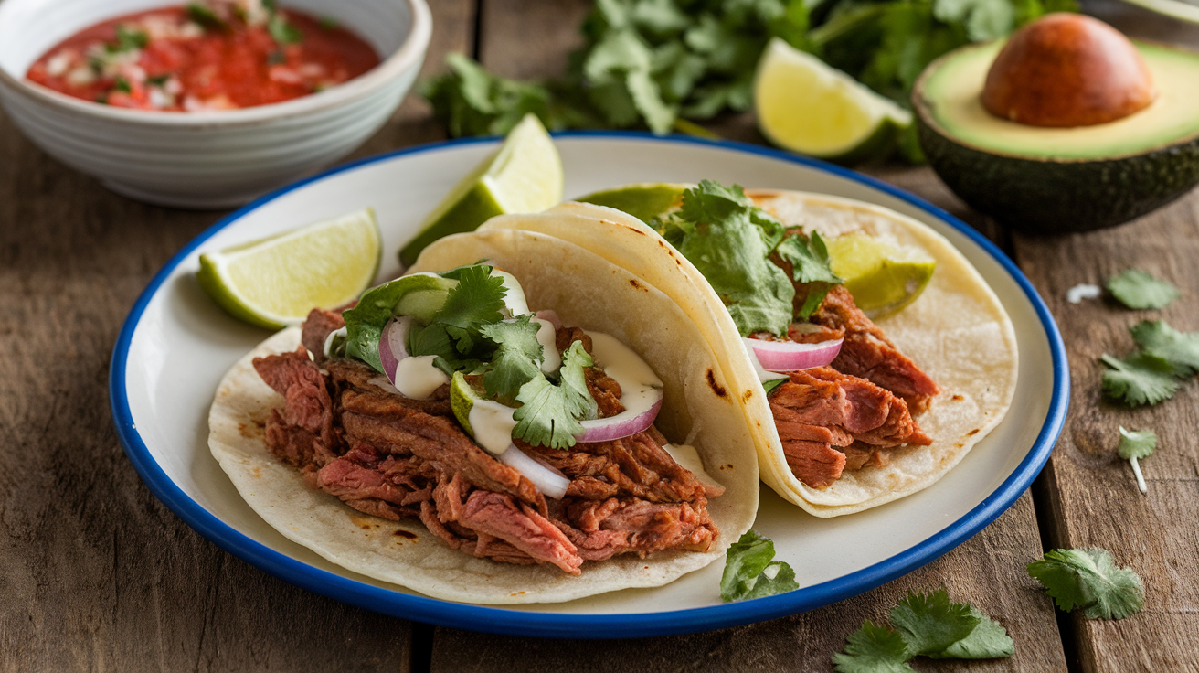 A plate of garlic carne asada tacos topped with fresh cilantro, diced onions, and a squeeze of lime.