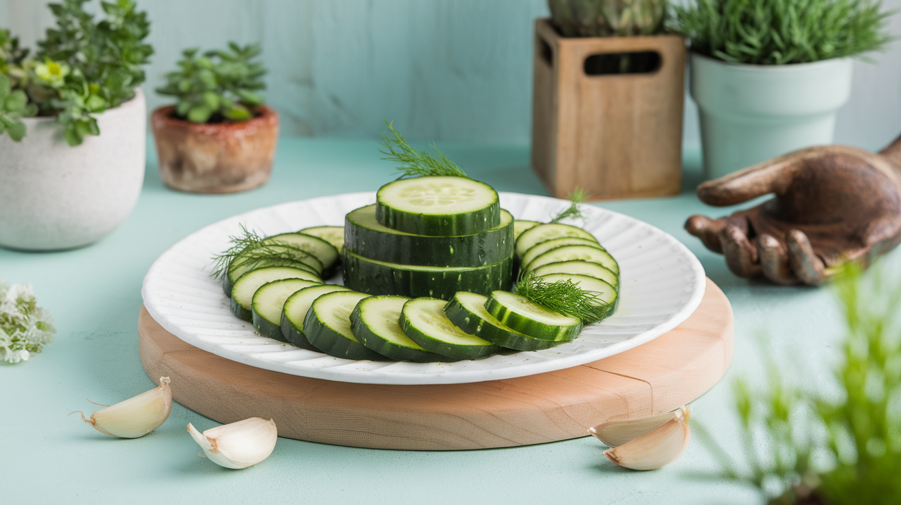 A close-up image of freshly sliced garlic dill cucumbers arranged on a plate, garnished with dill and a hint of garlic.