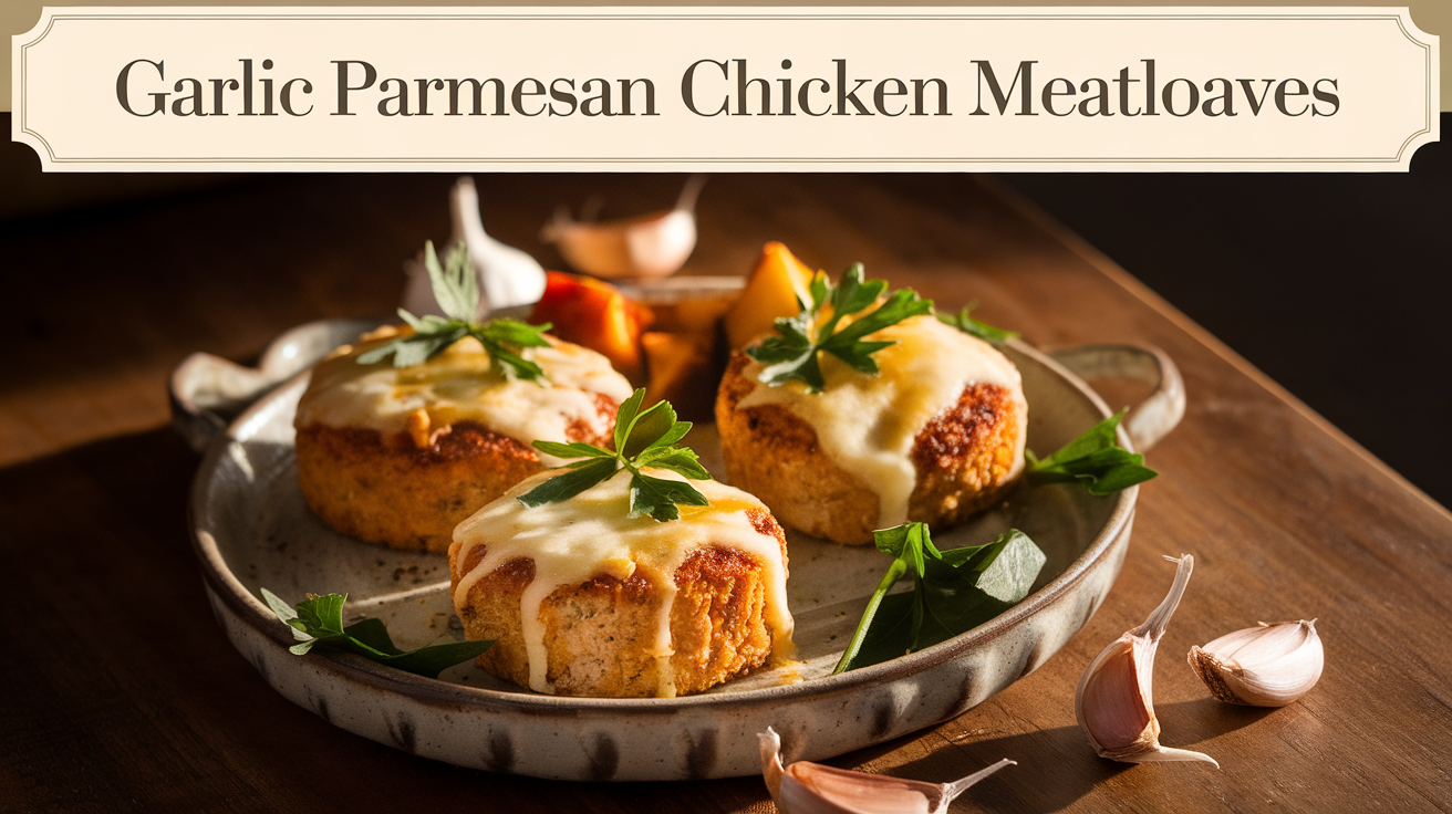 Mini garlic parmesan chicken meatloaves topped with golden melted cheese and sprinkled with fresh parsley, served on a white plate.
