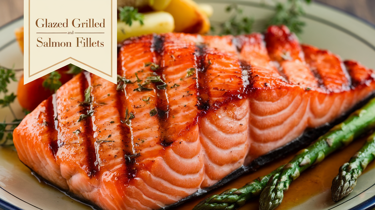 Grilled salmon fillets with a glossy glaze, garnished with fresh herbs and served on a plate.
