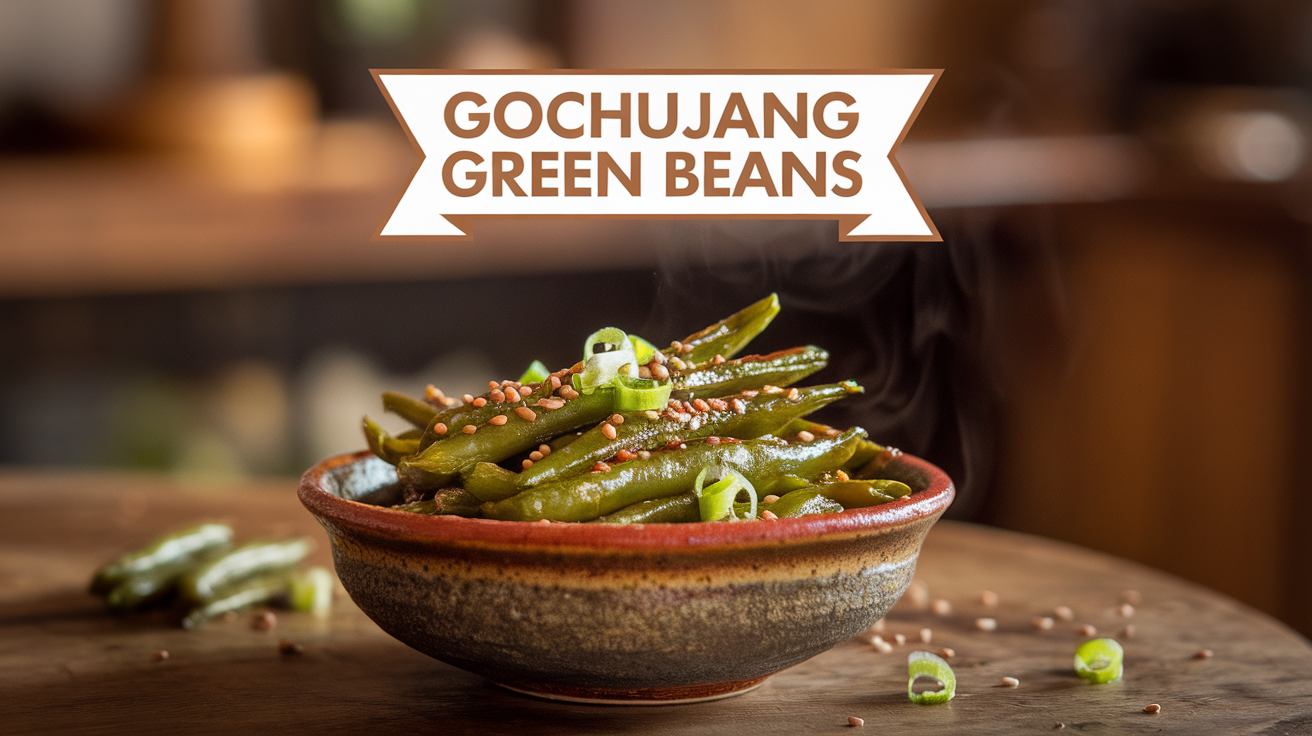 A serving of gochujang green beans garnished with sesame seeds and red pepper flakes on a white plate.
