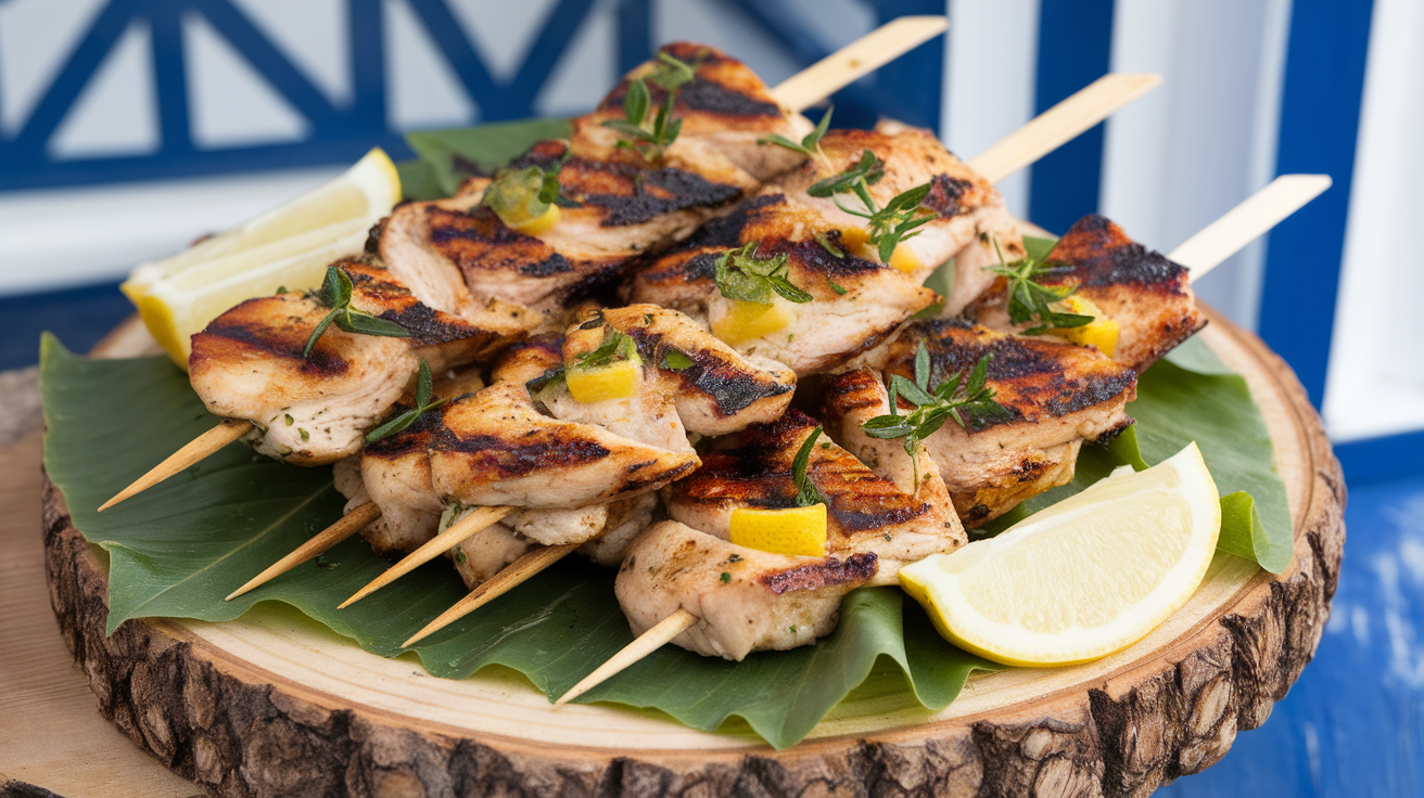 Grilled Greek chicken souvlaki skewers with fresh lemon wedges and herbs
