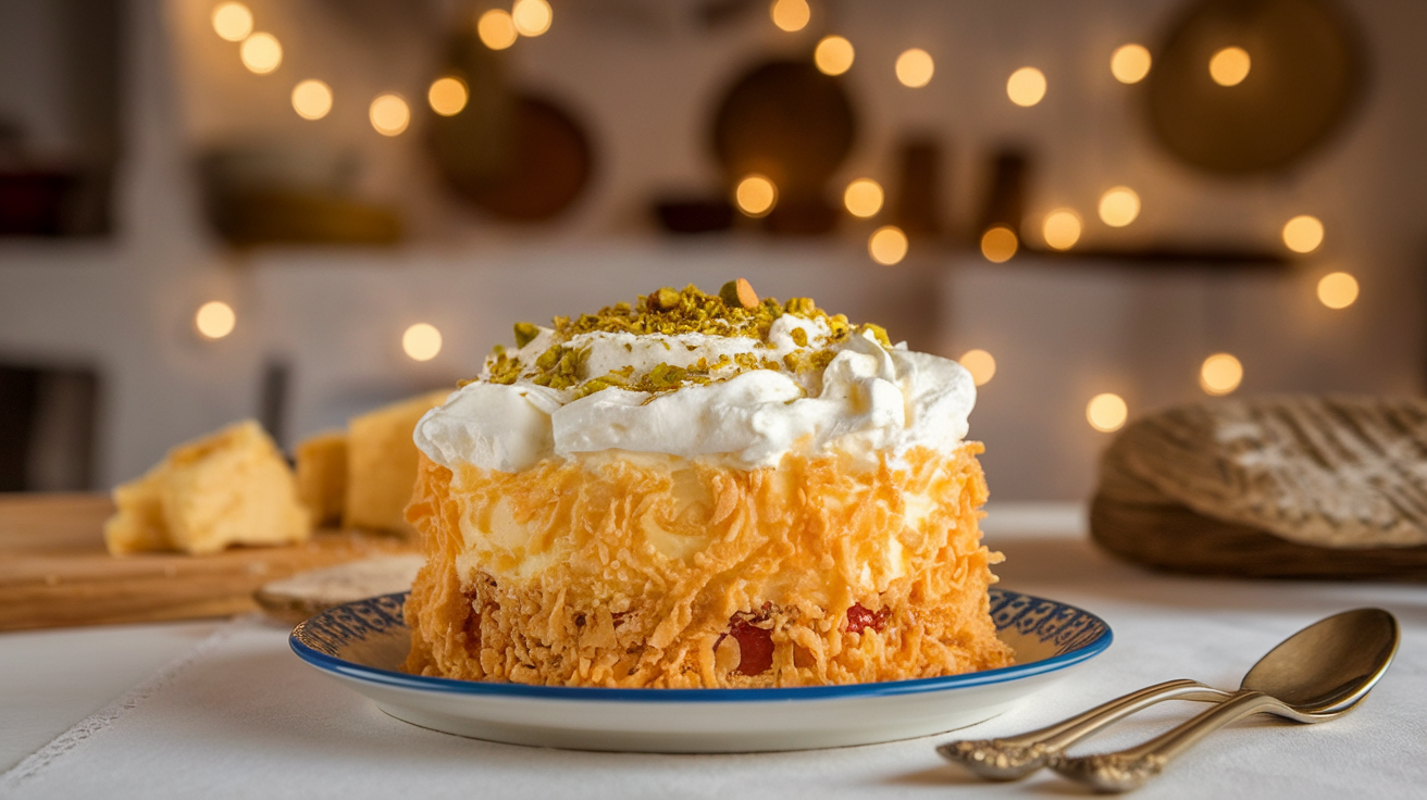 Close-up of a slice of Greek Ekmek Kataifi dessert topped with shredded kataifi pastry, creamy custard, and drizzled with syrup.
