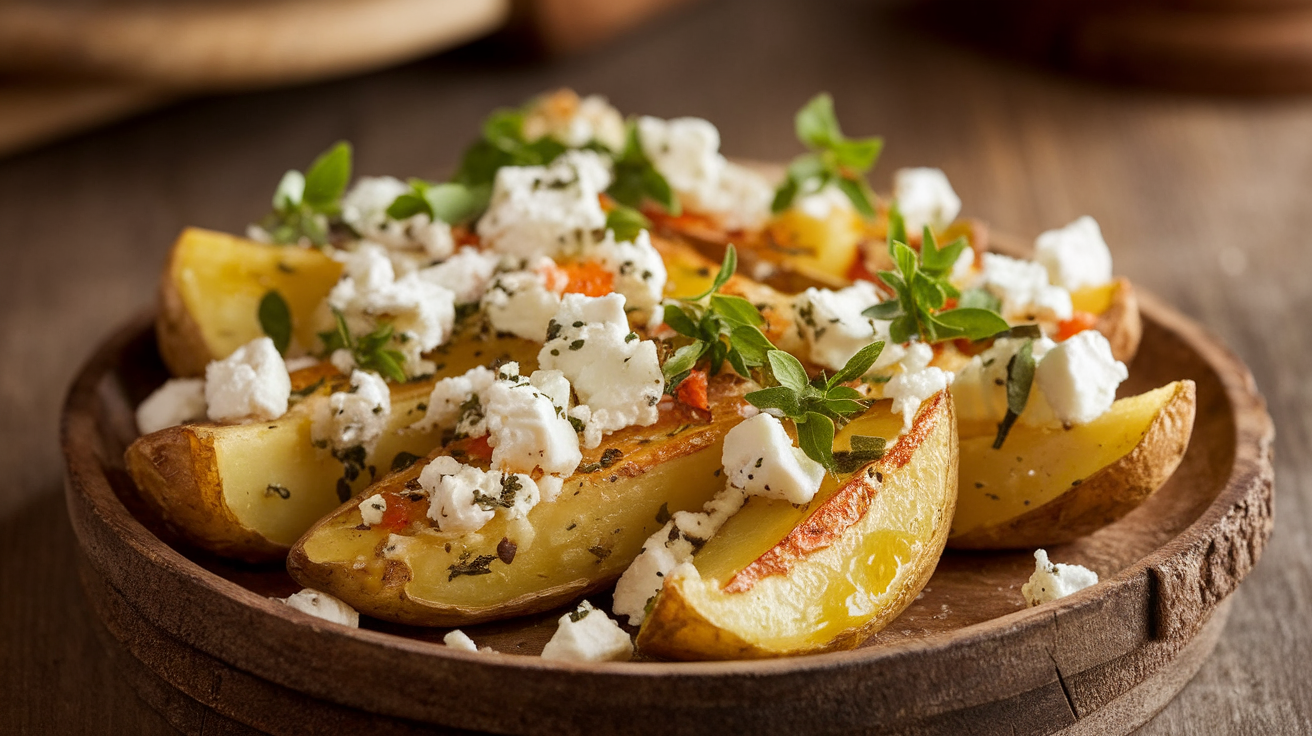 Golden roasted potatoes with crumbled feta cheese, garnished with fresh herbs and lemon wedges.