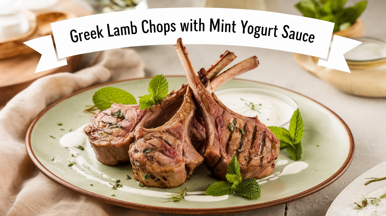 Grilled Greek lamb chops served with a refreshing mint yogurt sauce, garnished with fresh herbs.