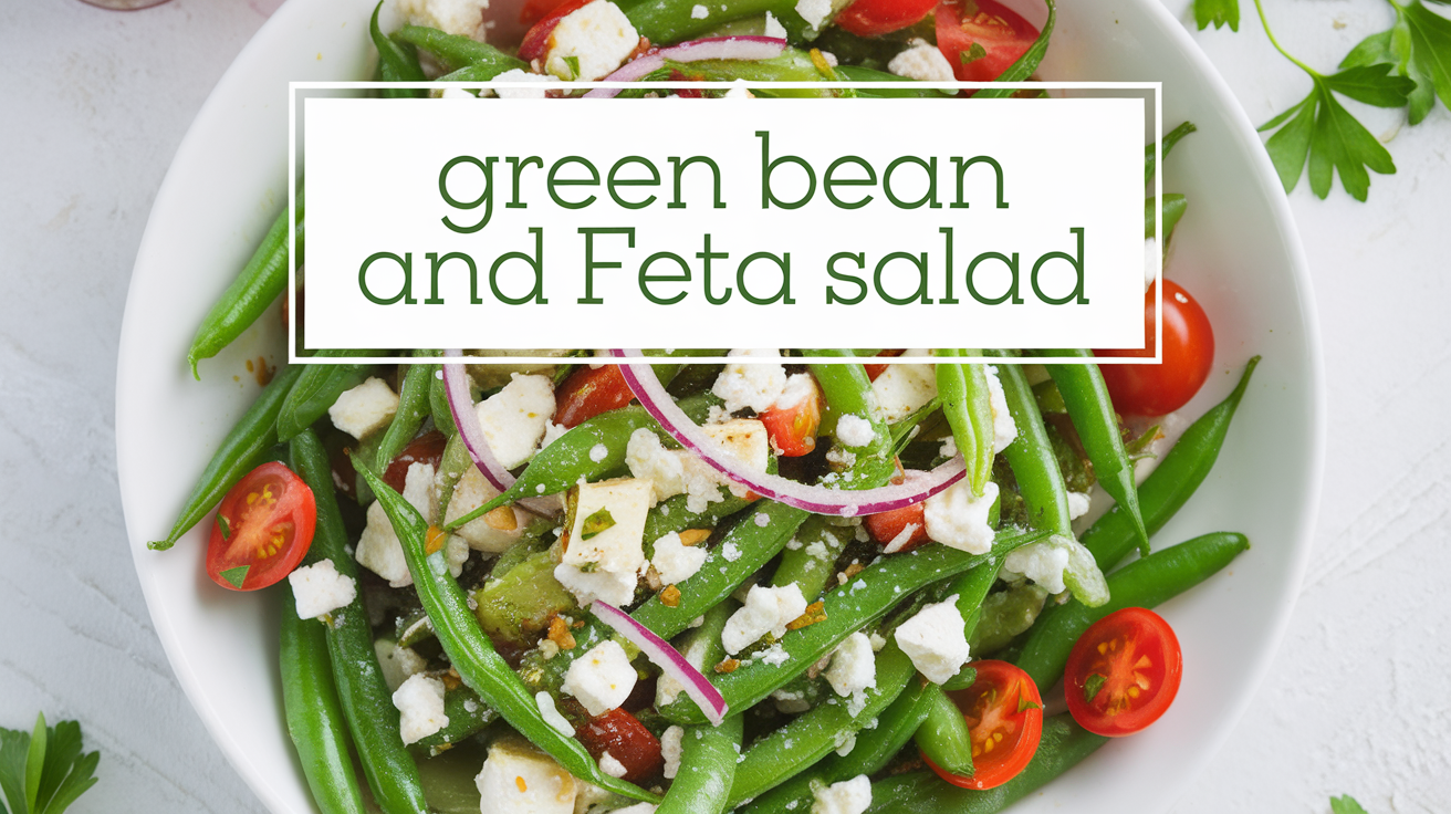 A fresh and vibrant green bean salad topped with crumbled feta cheese, featuring a mix of crunchy green beans, red onions, and a light vinaigrette dressing.