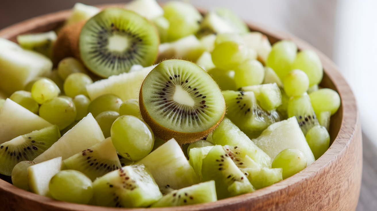 A vibrant and fresh green fruit salad with slices of kiwi, green apple, grapes, and melon in a bowl, garnished with mint leaves.