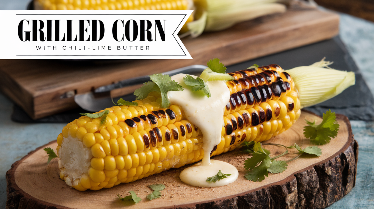 Grilled corn on the cob topped with a flavorful chili-lime butter, garnished with fresh cilantro and a sprinkle of chili powder.