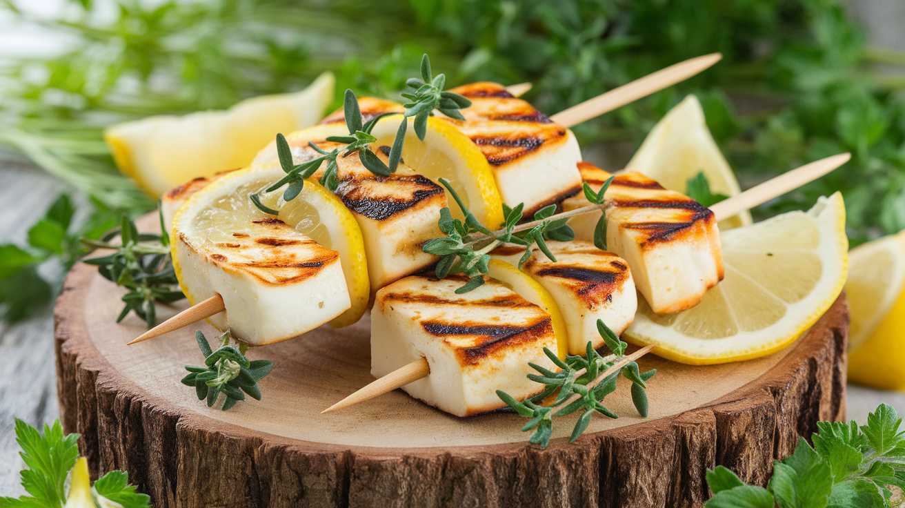 Grilled halloumi cheese skewers garnished with lemon slices and fresh thyme on a rustic serving plate.