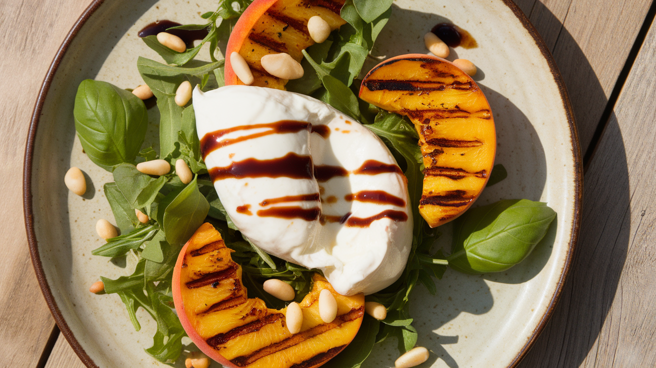 A vibrant grilled peach and burrata salad with arugula, basil, and a drizzle of balsamic glaze on a white plate.