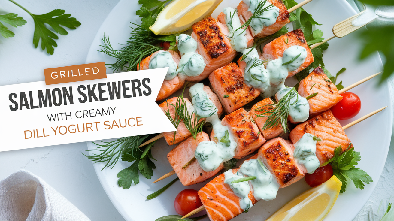 Grilled salmon skewers served with a creamy dill yogurt sauce on the side.