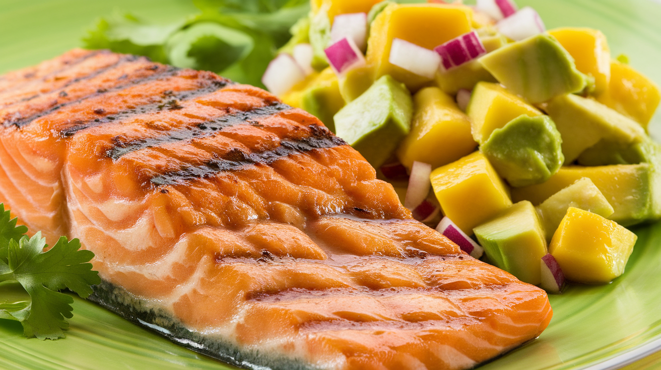 Grilled salmon fillet topped with vibrant mango avocado salsa, served on a white plate.