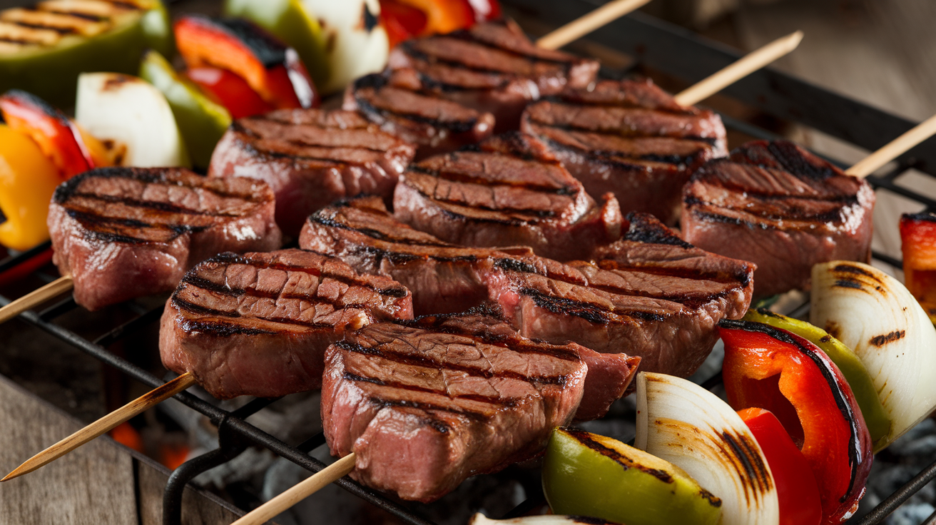 Grilled skirt steak skewers with char marks, garnished with fresh herbs, served on a wooden platter.