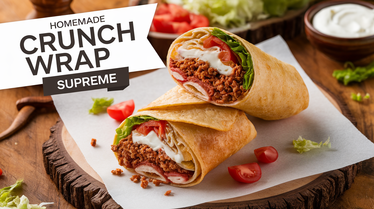 Close-up of a homemade Crunch Wrap Supreme with layers of crispy tortilla, seasoned meat, cheese, lettuce, and sour cream.