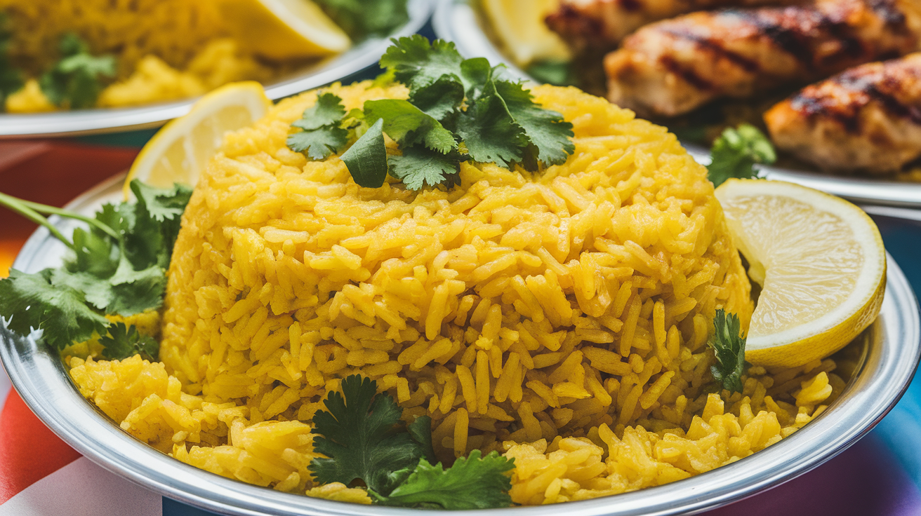 Close-up of vibrant yellow rice seasoned in Halal cart style, garnished with herbs.