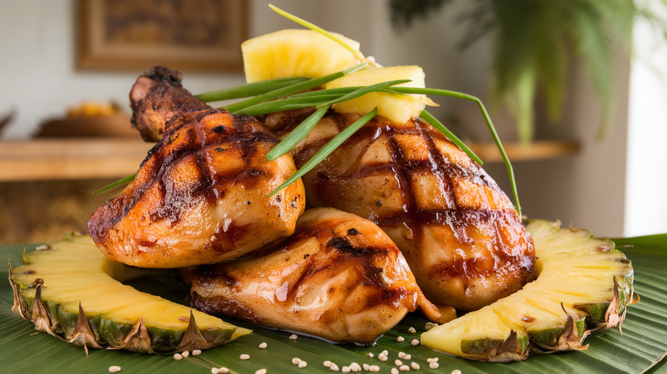 Grilled Hawaiian Huli Huli Chicken with a glossy, flavorful glaze served with a side of fresh vegetables.