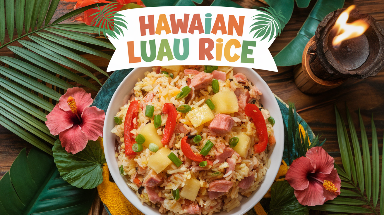 A vibrant bowl of Hawaiian Luau Rice featuring colorful vegetables, tropical flavors, and a garnish of fresh herbs.