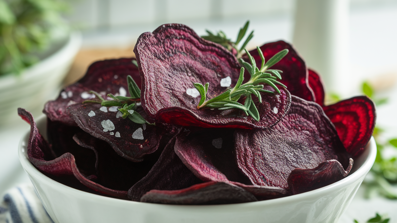 Healthy Baked Beet Chips in a bowl, showcasing their crispy texture and vibrant red color.