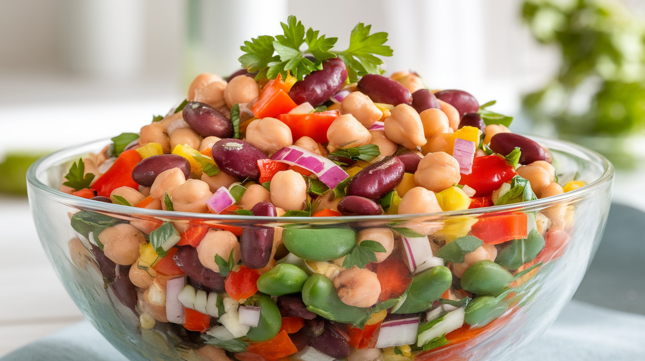 Colorful bowl of healthy three bean salad with chickpeas, kidney beans, and green beans, garnished with fresh herbs.