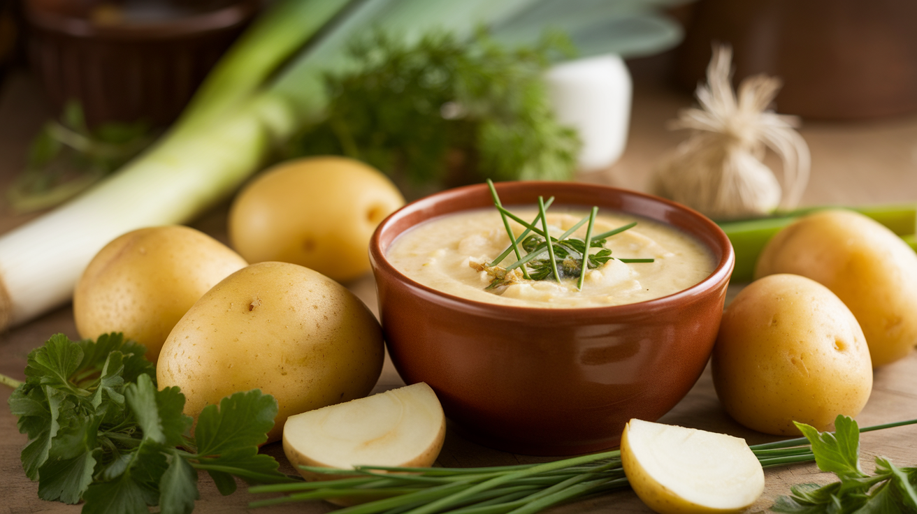 A bowl of hearty and creamy Irish potato soup garnished with fresh herbs and served with slices of crusty bread, representing a healthy and flavorful recipe.