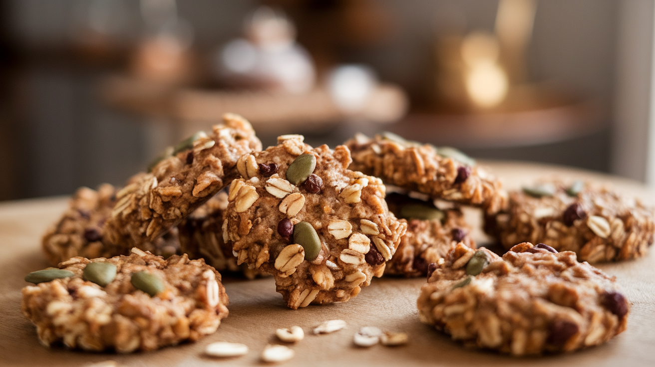 A plate of round, chocolate no-bake cookies topped with oats and nuts.