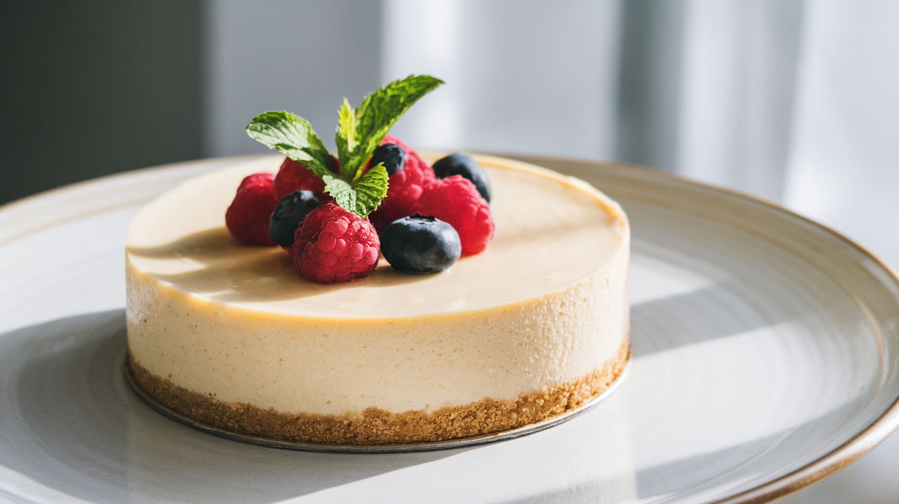 A slice of creamy high-protein cheesecake topped with fresh berries on a white plate.