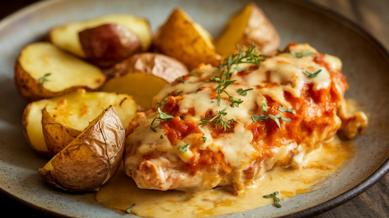 Creamy garlic cheesy chicken breast served with roasted golden potatoes on a white plate