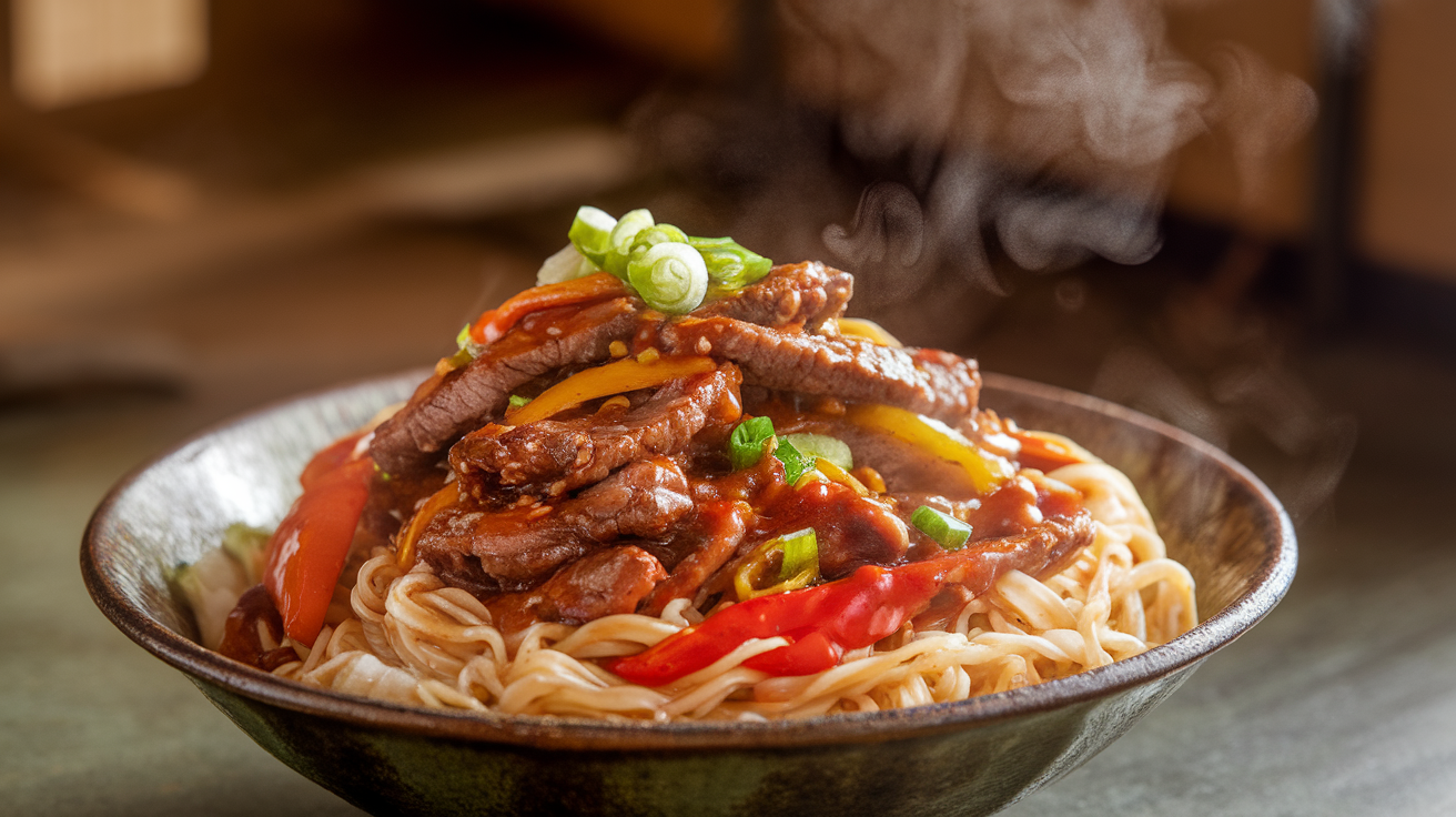 A bowl of high protein Mongolian noodles topped with grilled chicken, colorful vegetables, and sesame seeds.