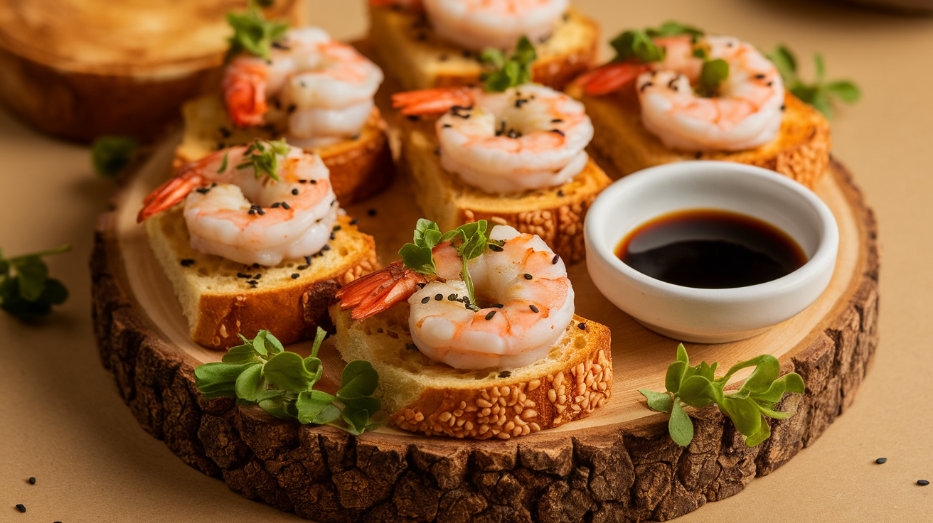 Crispy golden sesame prawn toasts topped with toasted sesame seeds on a white plate.