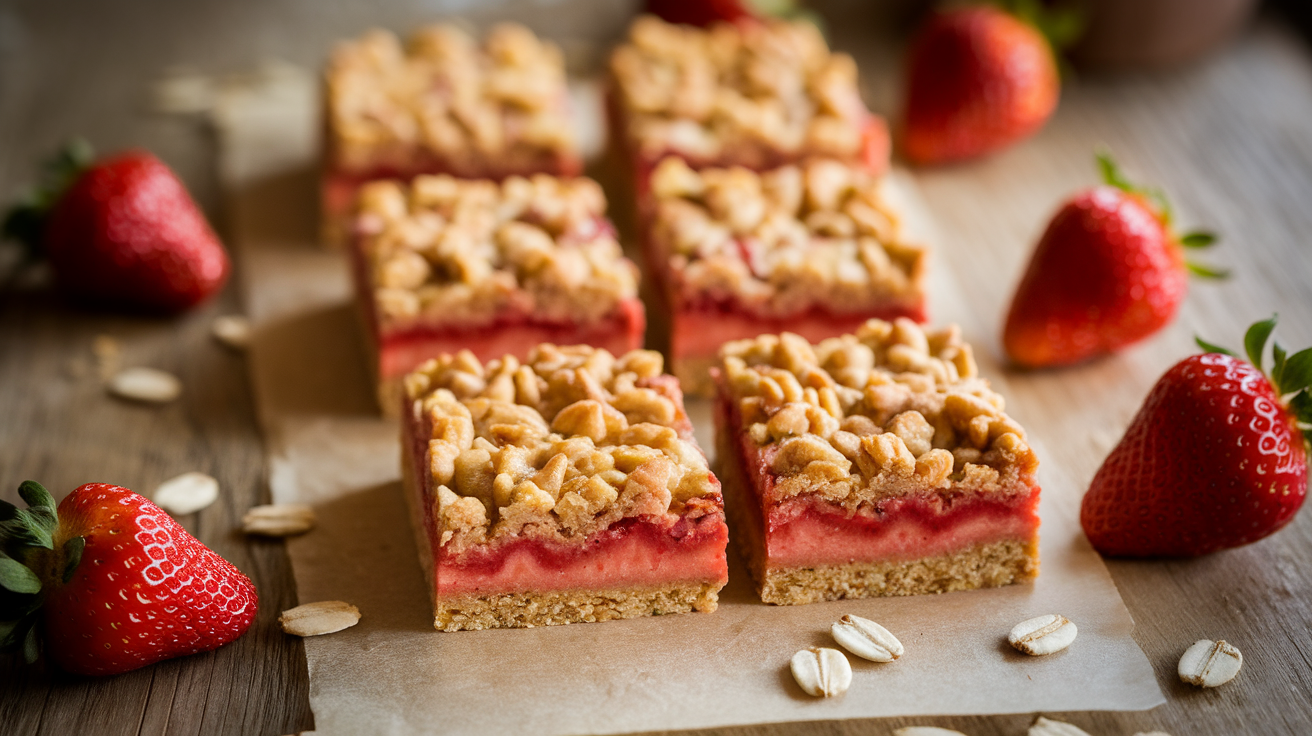 Homemade strawberry Nutri-Grain bars stacked on a wooden board with fresh strawberries.