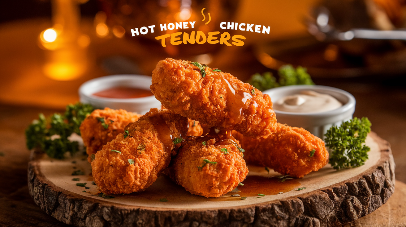 Golden, crispy Hot Honey Chicken Tenders served with a side of dipping sauce on a white plate.