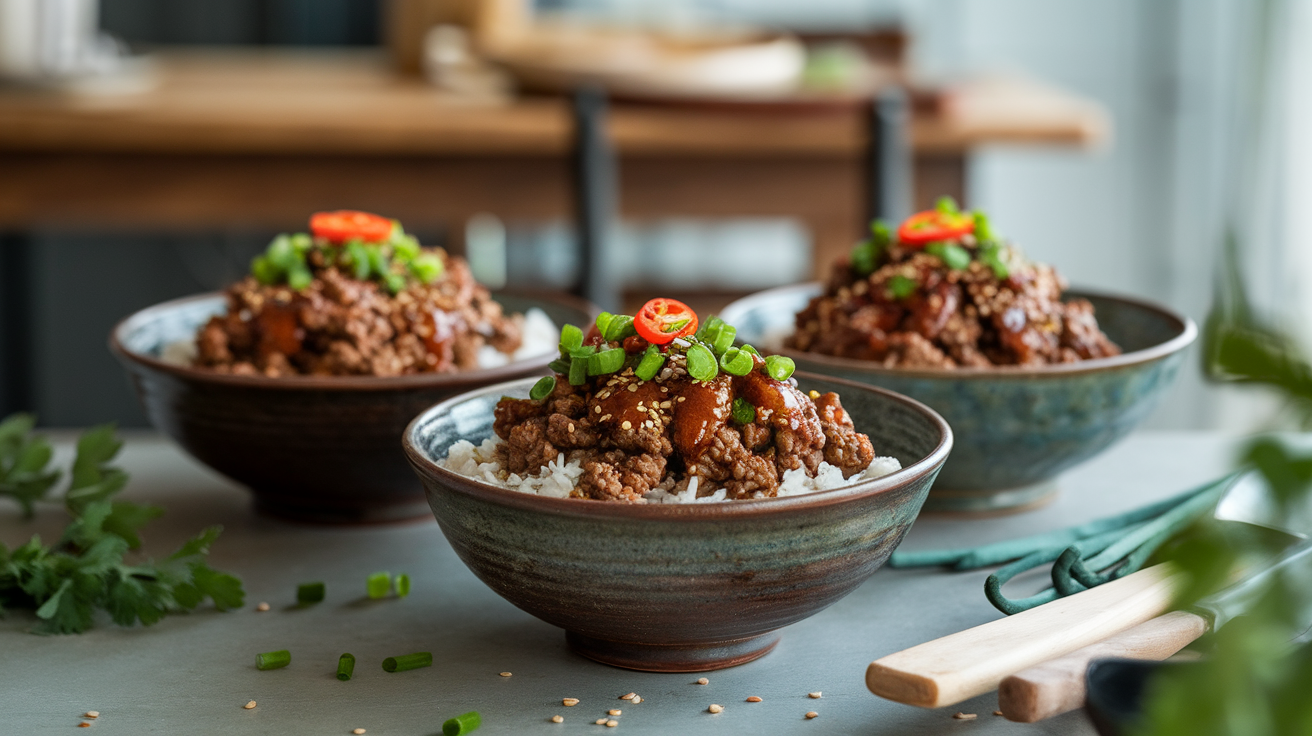 A bowl filled with hot honey glazed ground beef, white rice, sautéed vegetables, and garnished with sesame seeds and green onions.