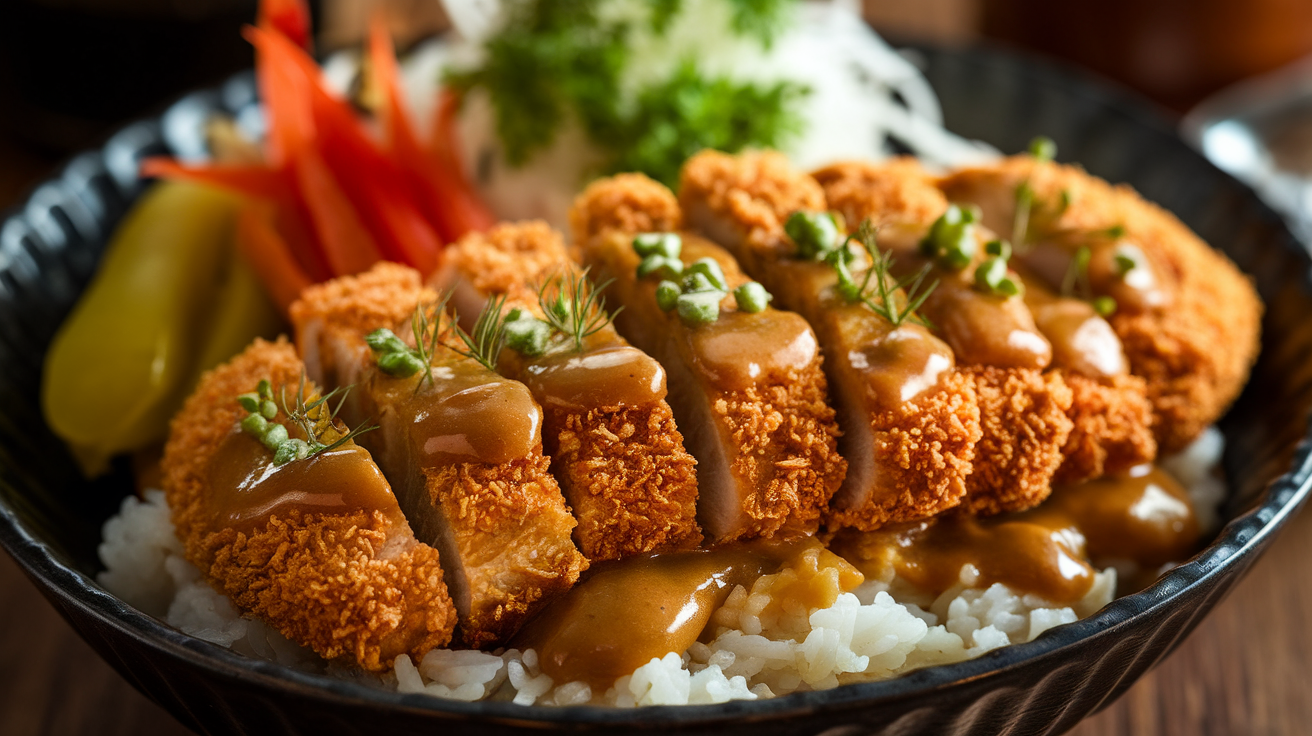 Golden, crispy chicken katsu sliced and served over steamed rice with rich Japanese curry sauce and a side of pickled vegetables.