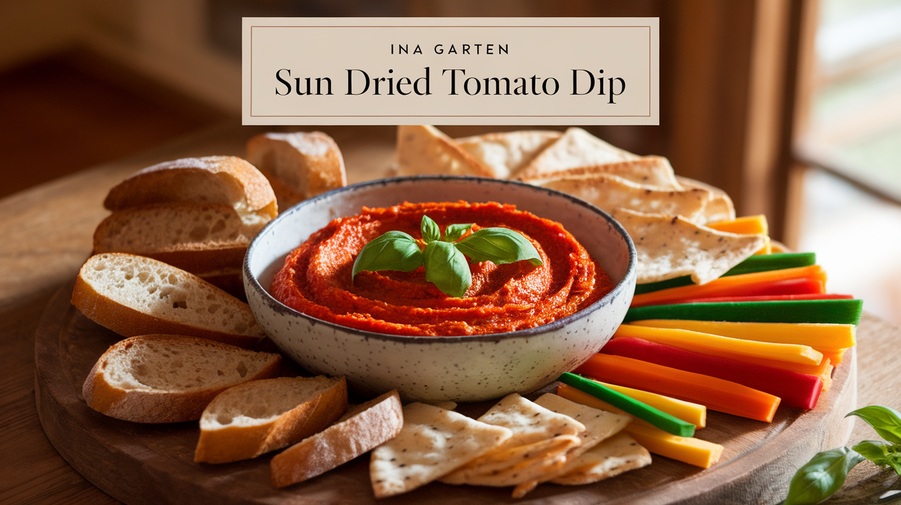 A bowl of Ina Garten’s creamy sun-dried tomato dip garnished with fresh herbs, surrounded by crackers and sliced vegetables.