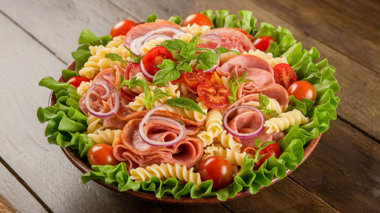 A colorful bowl of Italian grinder pasta salad with rotini pasta, sliced Italian cold cuts, cherry tomatoes, olives, mozzarella, and fresh basil.
