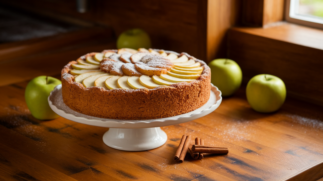 Freshly baked apple pie cake sliced open, revealing layers of soft apples and golden sponge, dusted with powdered sugar.