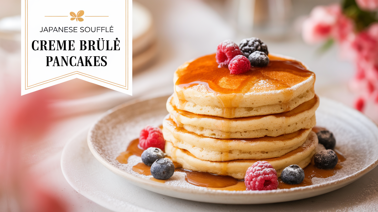 A stack of fluffy Japanese Soufflé Creme Brûlée Pancakes topped with caramelized sugar, whipped cream, and fresh berries on a plate.