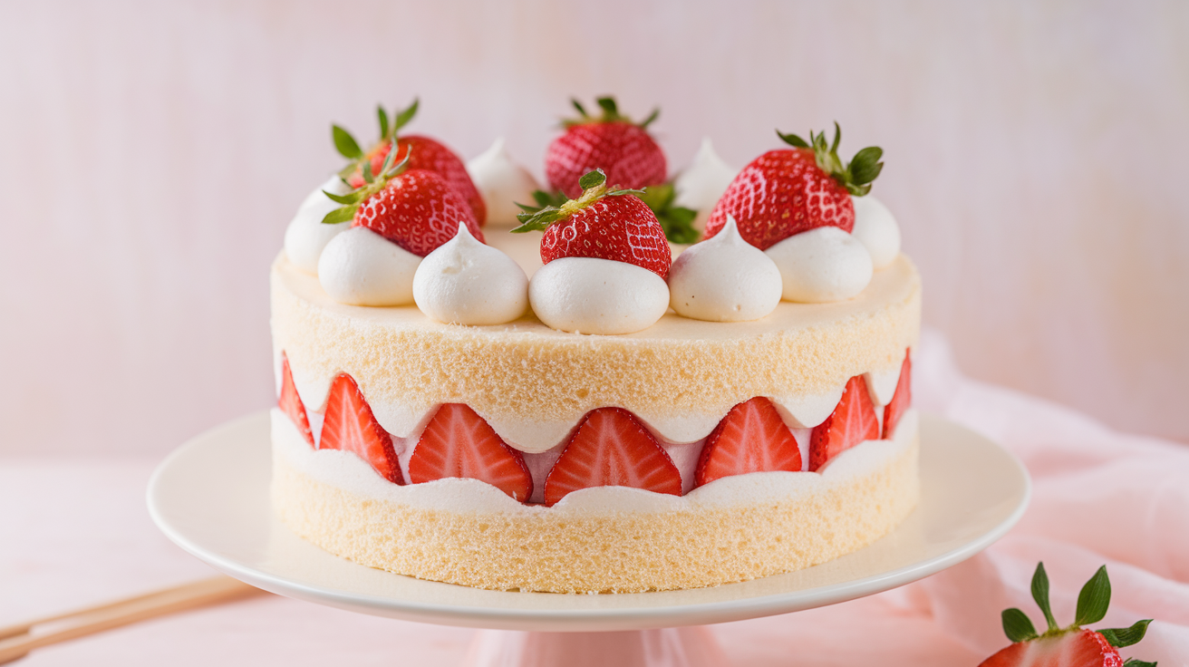 Japanese strawberry sponge cake with fresh strawberries and whipped cream layers