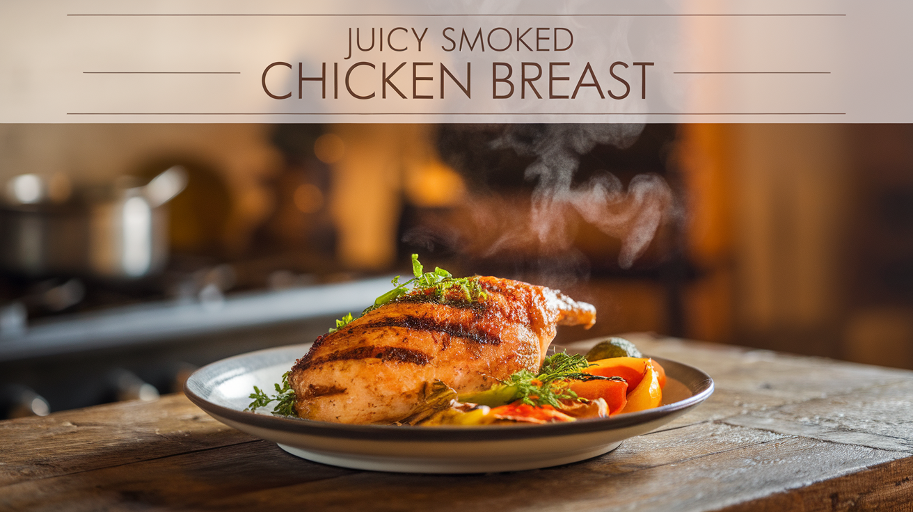 Juicy smoked chicken breast sliced on a wooden cutting board, garnished with herbs.