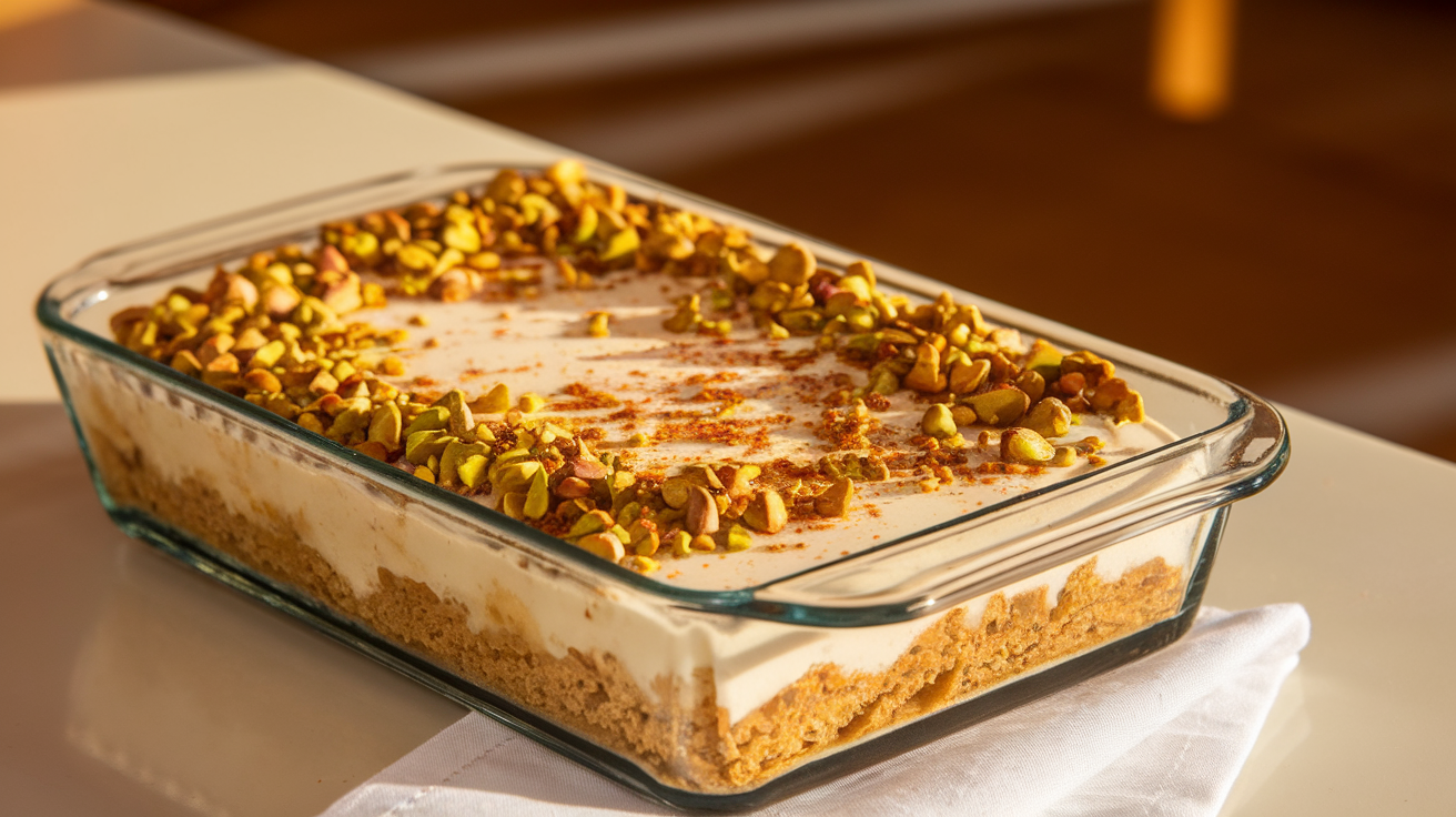 A scoop of creamy ice cream topped with golden, crispy kataifi pastry, drizzled with glossy mastiha syrup and garnished with pistachios.