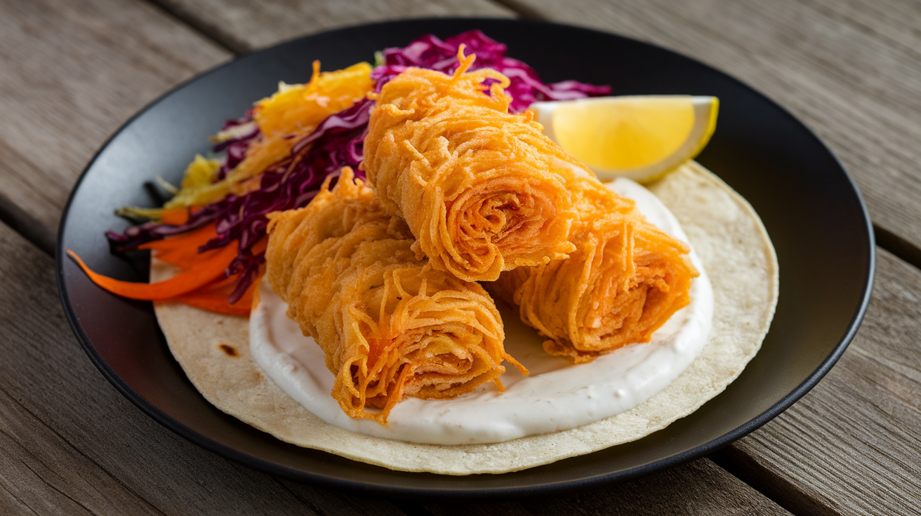 Close-up of a Kataifi Prawn Gyro with crispy kataifi pastry wrapped around juicy prawns, fresh greens, and creamy sauce inside a warm pita.