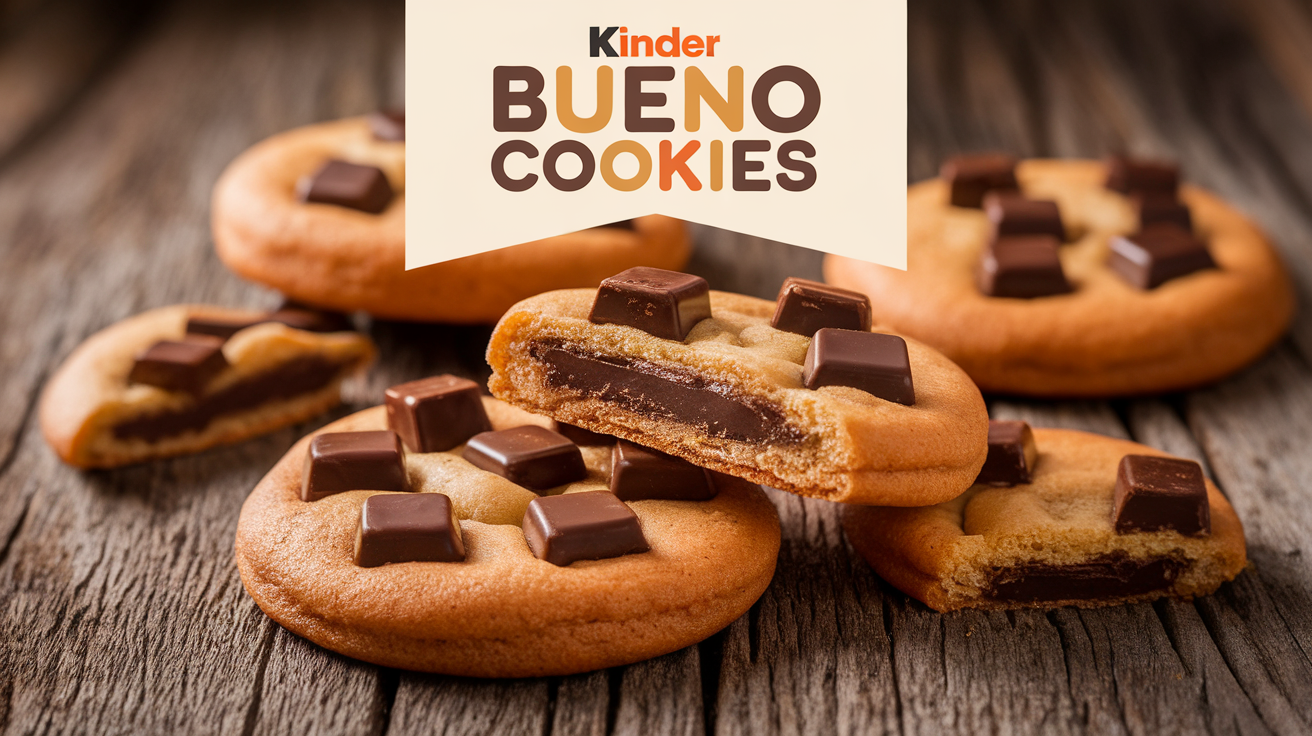 Delicious homemade Kinder Bueno cookies with a golden-brown exterior and a gooey chocolate hazelnut center, arranged on a plate.