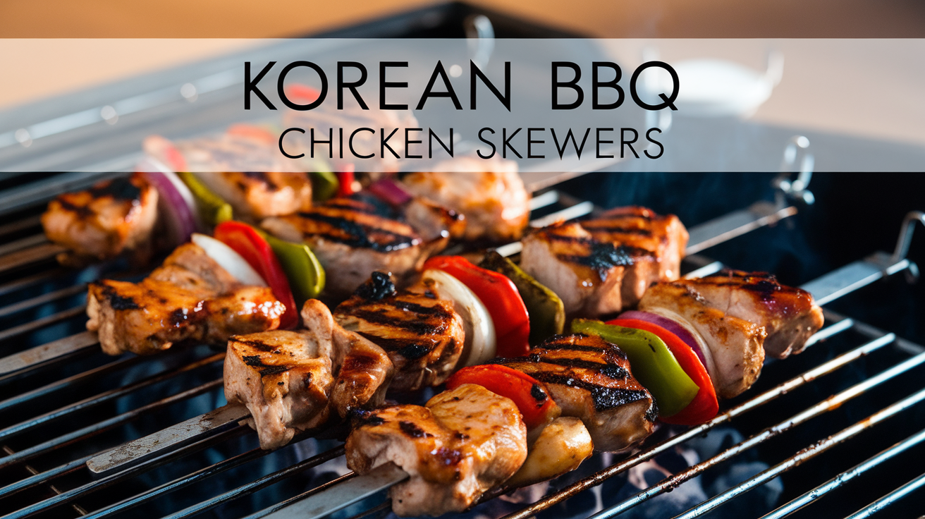 Korean BBQ Chicken Skewers with colorful vegetables on a grill.